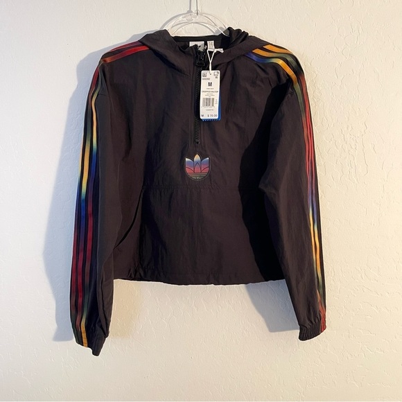 adidas Jackets & Blazers - Adidas Black Cropped Jacket with Multicolor Stripes